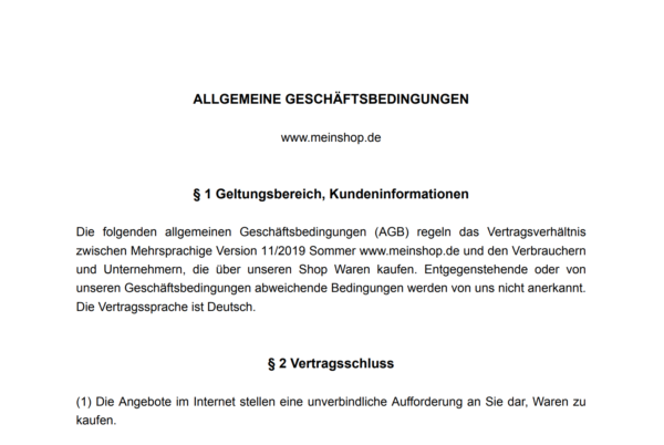 Beispieltext Allgemeine Geschäftsbedingungen (AGB) von Janolaw in PDF-Form.