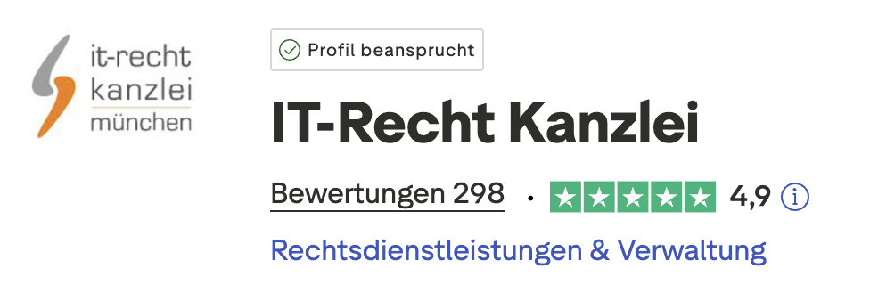 Bewertung der IT-Recht Kanzlei auf Trustpilot