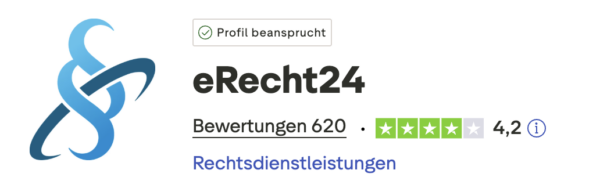 Bewertung von eRecht24 auf Trustpilot. 4,2 von 5 Sternen bei 620 Bewertungen, Stand: 31.03.2026