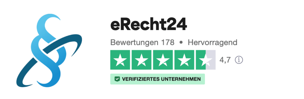 Bewertung von eRecht24 auf Trustpilot. 4,7 von 5 Sternen bei 178 Bewertungen, Stand: 05.05.2023